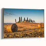 Framed canvas featuring a vintage-style Tuscan landscape in muted earth tones, ideal for bedroom wall art.