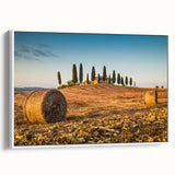 Landscape art painting of Tuscany on framed canvas with vibrant green and earth tones, ideal for living room decor.