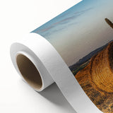 Art deco poster of Tuscany landscape on rolled canvas, featuring soft green and yellow tones.