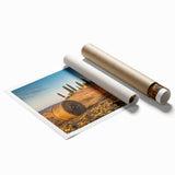 Extra large rolled print of a Tuscan landscape with vibrant green fields and distant hills.