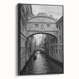 Black and white framed canvas of Venice landscape with vintage poster art style, suitable for bedroom decor.