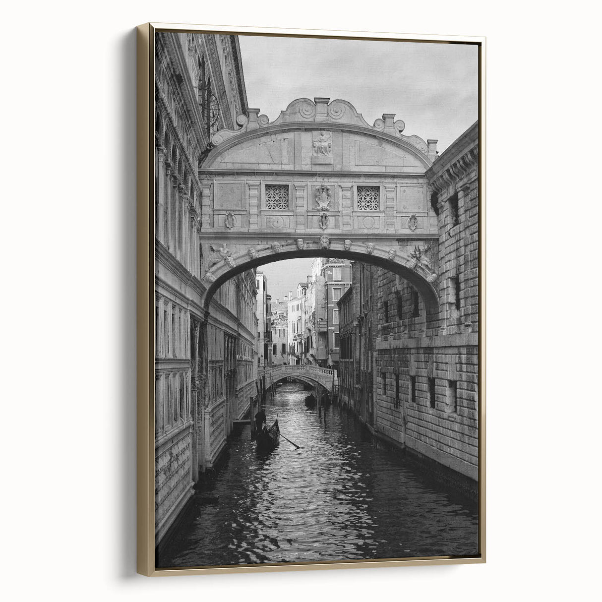 Framed canvas of a vintage-style Venice landscape in muted gold and black tones, ideal for bedroom wall decor.