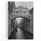 Black and white photograph of Venice canals on large stretched canvas, ideal for kitchen wall art.