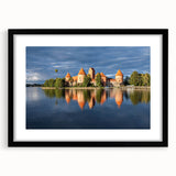 Abstract art print of a European scenery in vibrant colors on a textured, extra large canvas, framed in black.