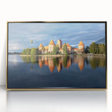 Art Deco poster of a European Lithuanian scenery in muted gold tones on a framed acrylic, ideal for modern art wall decor.