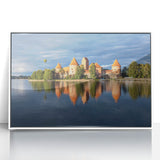 Mid-century modernist art depicting a serene Lithuanian landscape in muted earth tones on a framed acrylic print.