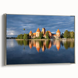 Lithuanian landscape painting on framed canvas, featuring vibrant green and blue hues, ideal for living room decor.