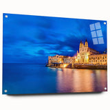 Acrylic print of a European Malta scenery in vibrant blue and green hues, ideal for dining room decor.