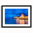 Extra large abstract art print of a colorful European Malta scenery in a black frame with mat, ideal for living room decor.