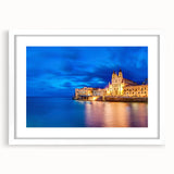 Textured abstract art print of a European scenery in Malta, displayed in a white frame with mat, suitable for bedroom decor.