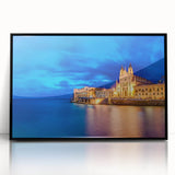 Large abstract wall art depicting a European Malta scenery in muted earth tones, framed in black acrylic.