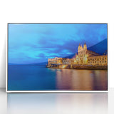 Mid-century modernist art depicting a European Malta landscape in muted earth tones, framed acrylic print.