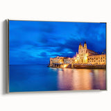 Landscape art painting of a vintage Malta scenery in vibrant colors on a framed canvas, suitable for living room decor.