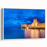 Vintage poster art of a scenic Malta landscape on framed canvas, featuring vibrant, colorful imagery.