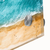 Large abstract wall art of the Mediterranean Sea in muted blue and green tones on acrylic glass.
