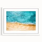 Textured art of the Mediterranean Sea, abstract style in blue and white tones, framed with a white mat.