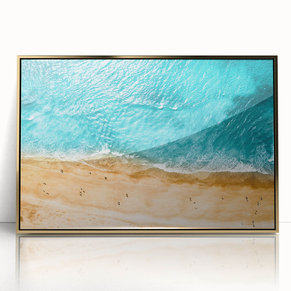 Framed acrylic print of the Mediterranean Sea with soft blue and white hues, in art deco style.