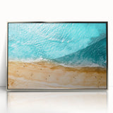 Framed acrylic print of a Mediterranean Sea landscape in soft blue and white tones, suited for modern art wall decor.