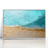 Mid-century modernist art of the Mediterranean Sea in muted blue and white tones on a framed acrylic.