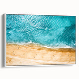 Vintage poster art of the Mediterranean Sea in colorful hues on a large framed canvas, ideal for living room decor.