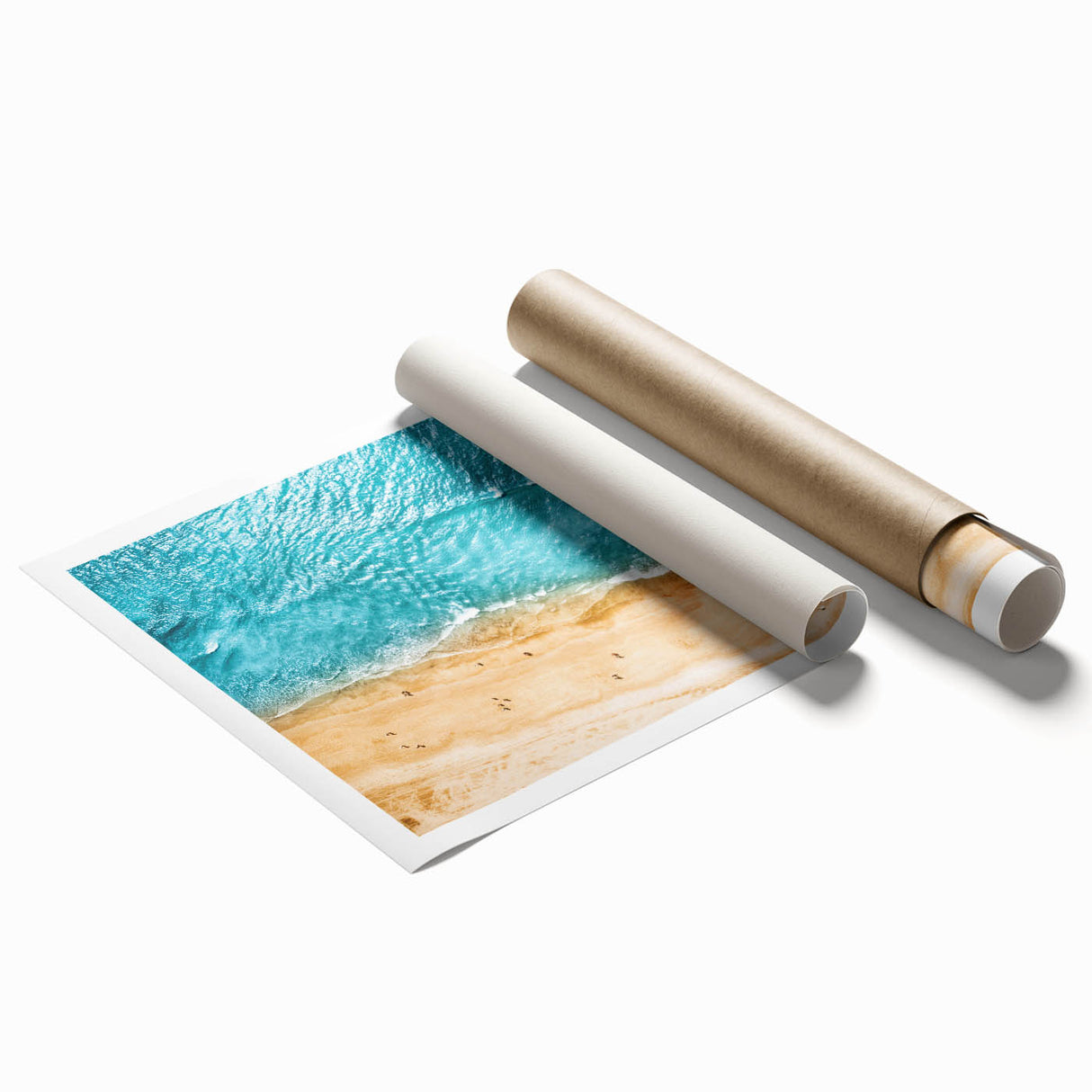 Extra large rolled print of a Mediterranean seascape with vibrant blue sea and floral accents.