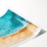 Extra large rolled print of a Mediterranean seascape with line art flowers in soft blue and white tones.