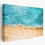 Mediterranean seaside village on a stretched canvas, in soft blue and white tones, ideal for kitchen wall art.