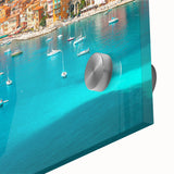 Large abstract depiction of Monaco scenery in muted earth tones on acrylic glass.