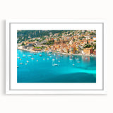 Textured abstract art print of Monaco scenery in muted blue and white tones, framed with a white mat, ideal for bedroom art.
