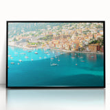 Large abstract wall art depicting Monaco scenery in muted gray and blue tones on a framed acrylic.