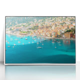 Mid-century modernist art depicting Monaco scenery in muted pastel shades on a white framed acrylic.