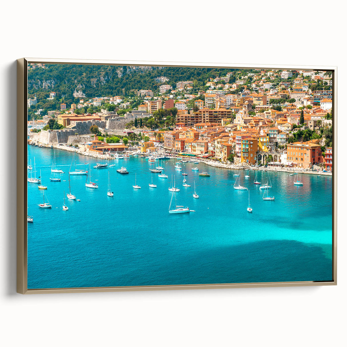 Framed canvas of vintage Monaco landscape in muted gold and black tones, ideal for bedroom wall decor.