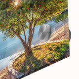 Large abstract wall art of a Montenegro scenery in muted blues and greens on acrylic glass, ideal for dining room ambiance.