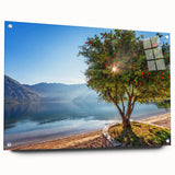 Acrylic print of a Montenegro landscape in muted earth tones, ideal for dining room decor.