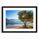 Extra large abstract art print of a colorful, textured European scenery on a black framed canvas.