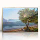 Art Deco poster depicting a scenic view of Montenegro, framed in gold acrylic, suitable for modern nursery wall decor.