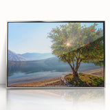 Large art print of a Montenegro landscape in muted earth tones on a silver-framed acrylic, ideal for modern art wall decor.