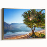 Framed canvas landscape painting of Montenegro featuring muted earth tones and vintage poster style.