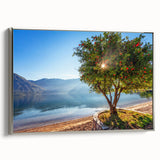 Framed canvas depicting a vintage-style landscape of Montenegro with colorful art and black accents.