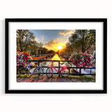 Extra large abstract art print of Amsterdam scenery in colorful, textured style on a black framed canvas.