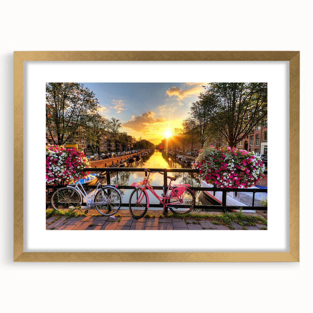 Abstract art print of Amsterdam with muted gold and blue tones on a framed canvas, suitable for dining room decor.