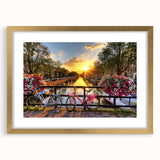 Abstract art print of Amsterdam with muted gold and blue tones on a framed canvas, suitable for dining room decor.