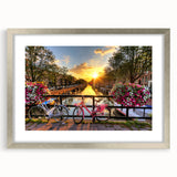 Extra large framed wall art depicting an abstract Amsterdam scenery in textured silver tones, ideal for living room decor.