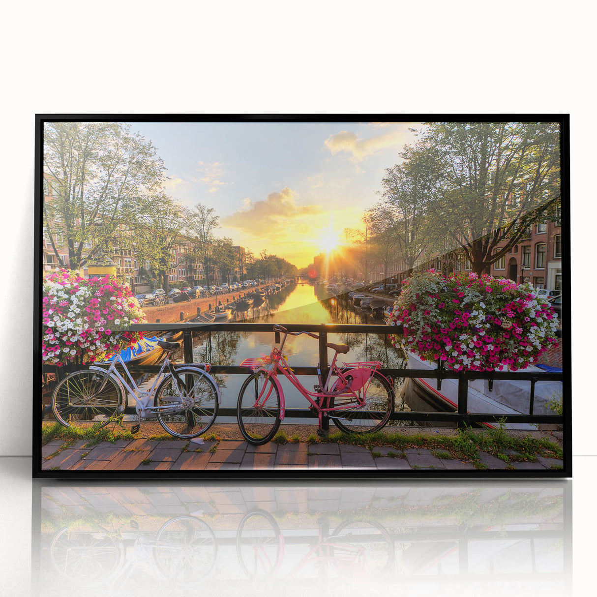 Large abstract wall art of Amsterdam's canal in muted gray and blue tones, framed acrylic.