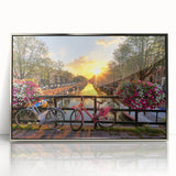 Acrylic print of Amsterdam scenery in muted colors, framed in silver, ideal for modern art wall decor.