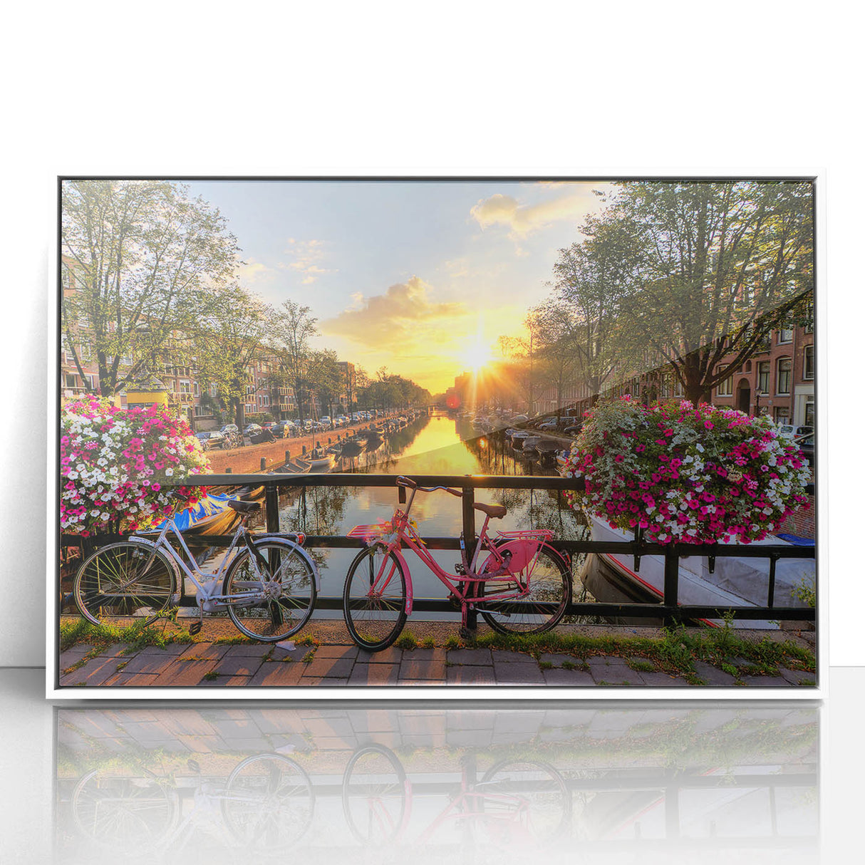 Mid-century modernist art depicting Amsterdam scenery in muted colors on white framed acrylic, ideal for nursery wall decor.