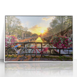 Mid-century modernist art depicting Amsterdam scenery in muted colors on white framed acrylic, ideal for nursery wall decor.