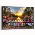 Black and white wall art featuring a vintage Amsterdam landscape on framed canvas, ideal for bedroom decor.