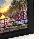 Black wall art featuring a textured, colorful depiction of Amsterdam's canal houses on extra large framed canvas.