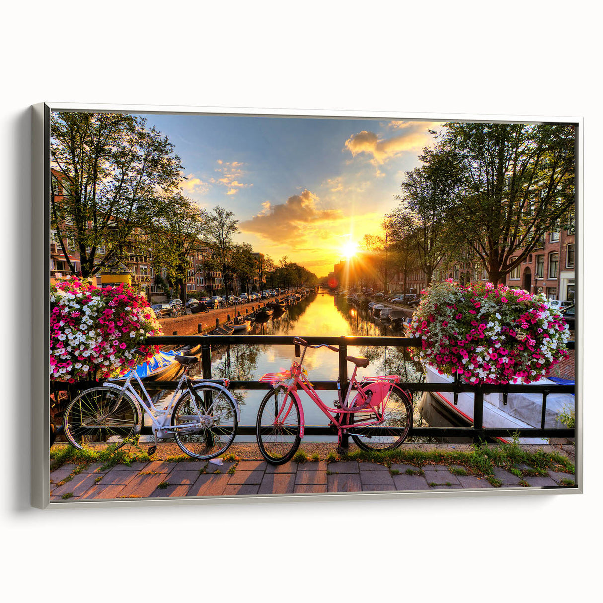 Landscape art painting of Amsterdam canals in muted colors on a framed canvas, ideal for living room decor.